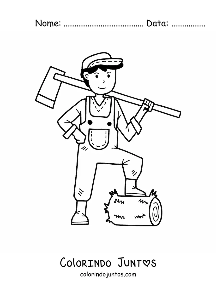 Desenho para colorir de fazendeiro kawaii cortando lenha