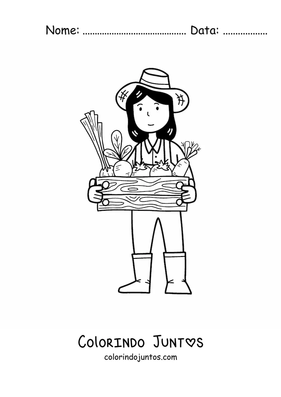 Desenho para colorir de fazendeira kawaii com vegetais colhidos em uma caixa