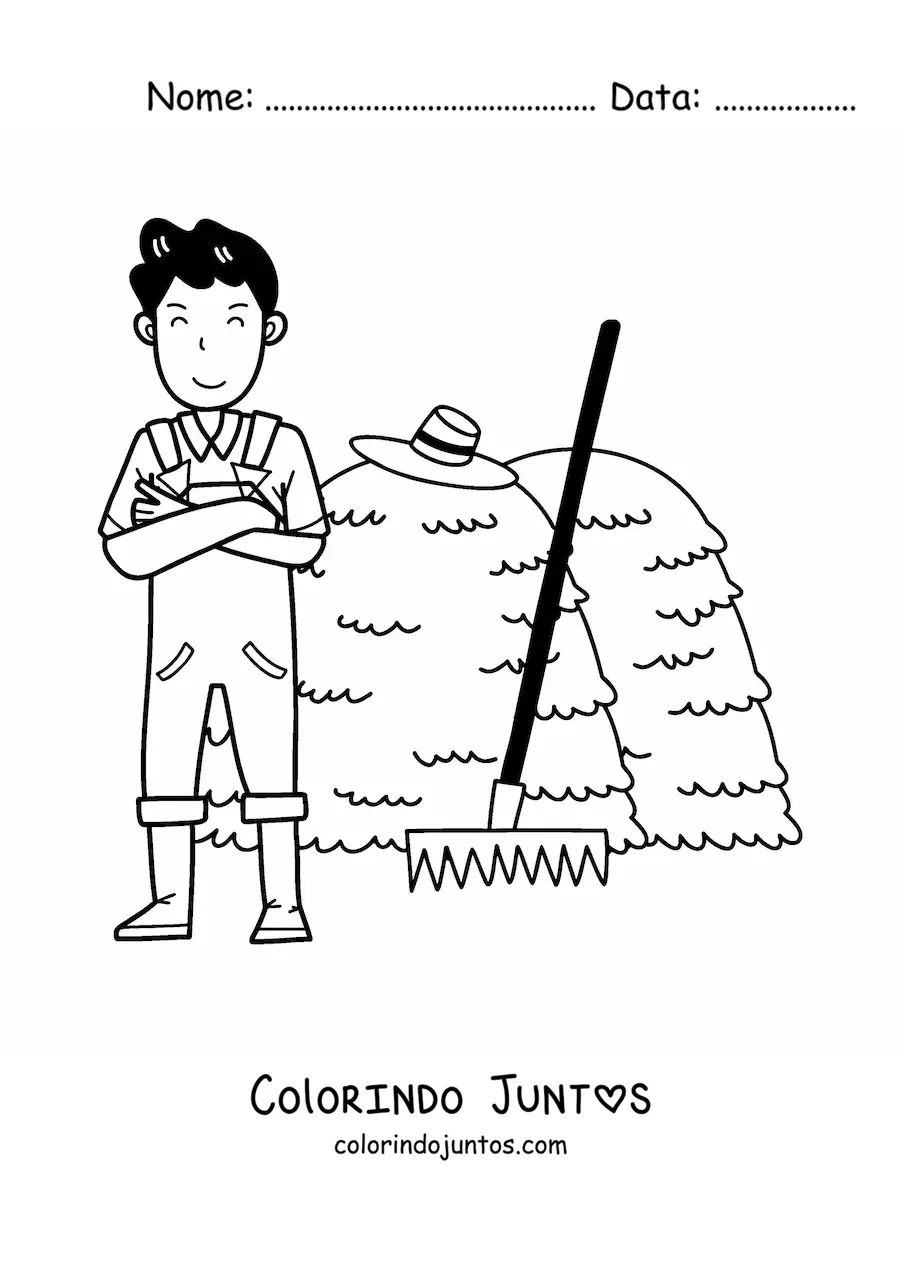 Desenho para colorir de fazendeiro kawaii com ancinho ao lado de um monte de feno