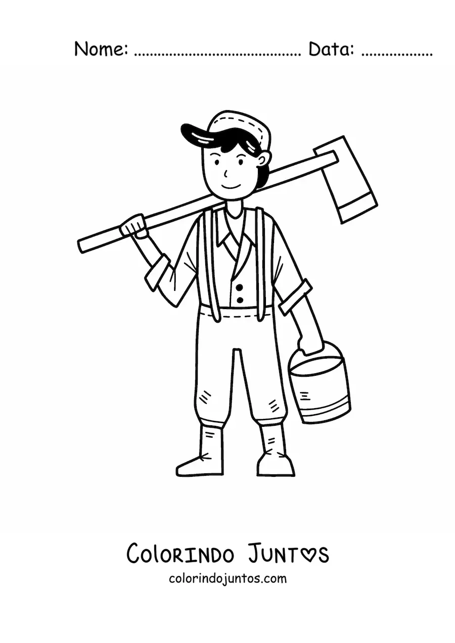 Desenho para colorir de menino fazendeiro kawaii com um balde e uma pá