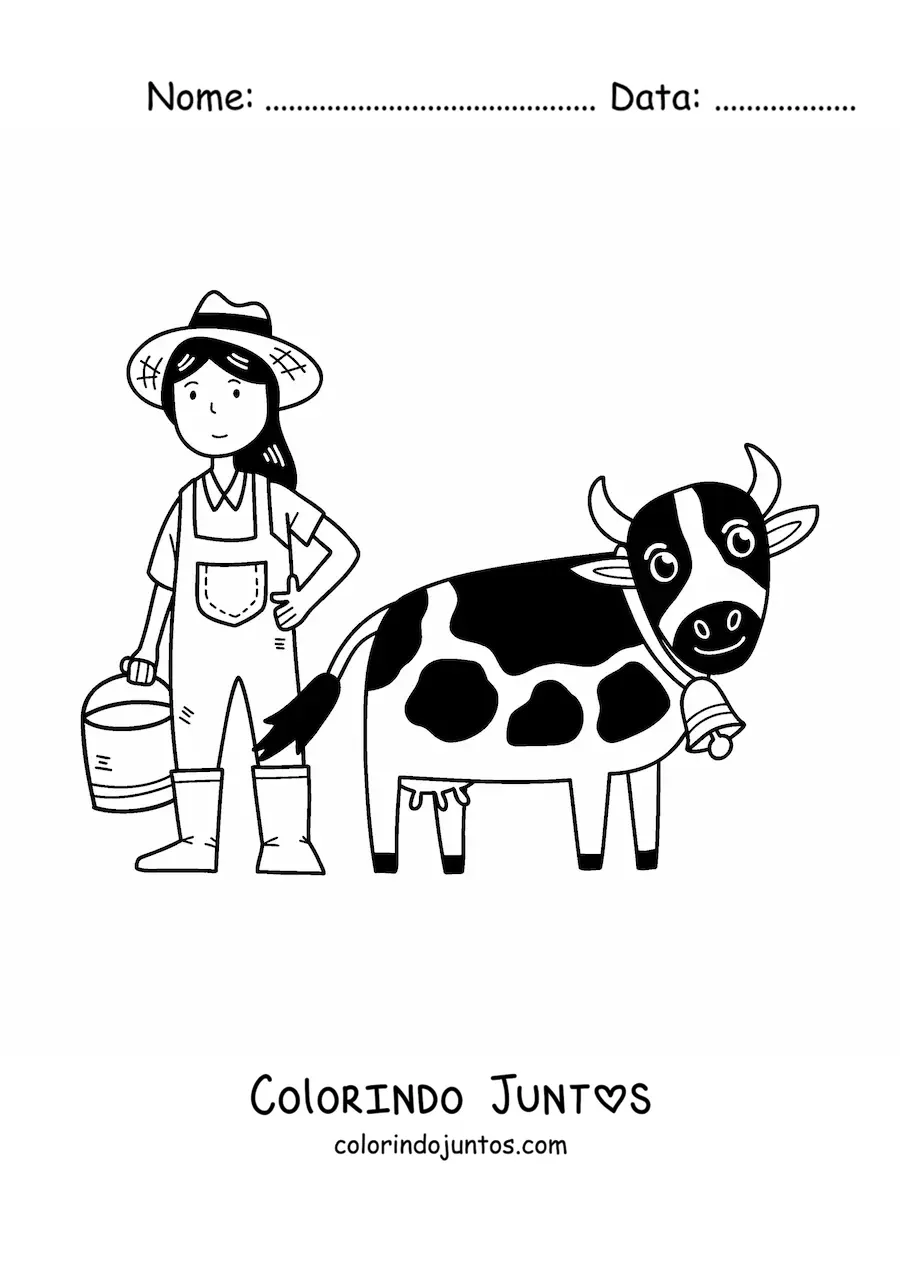 Desenho para colorir de menina fazendeira kawaii ordenhando uma vaca