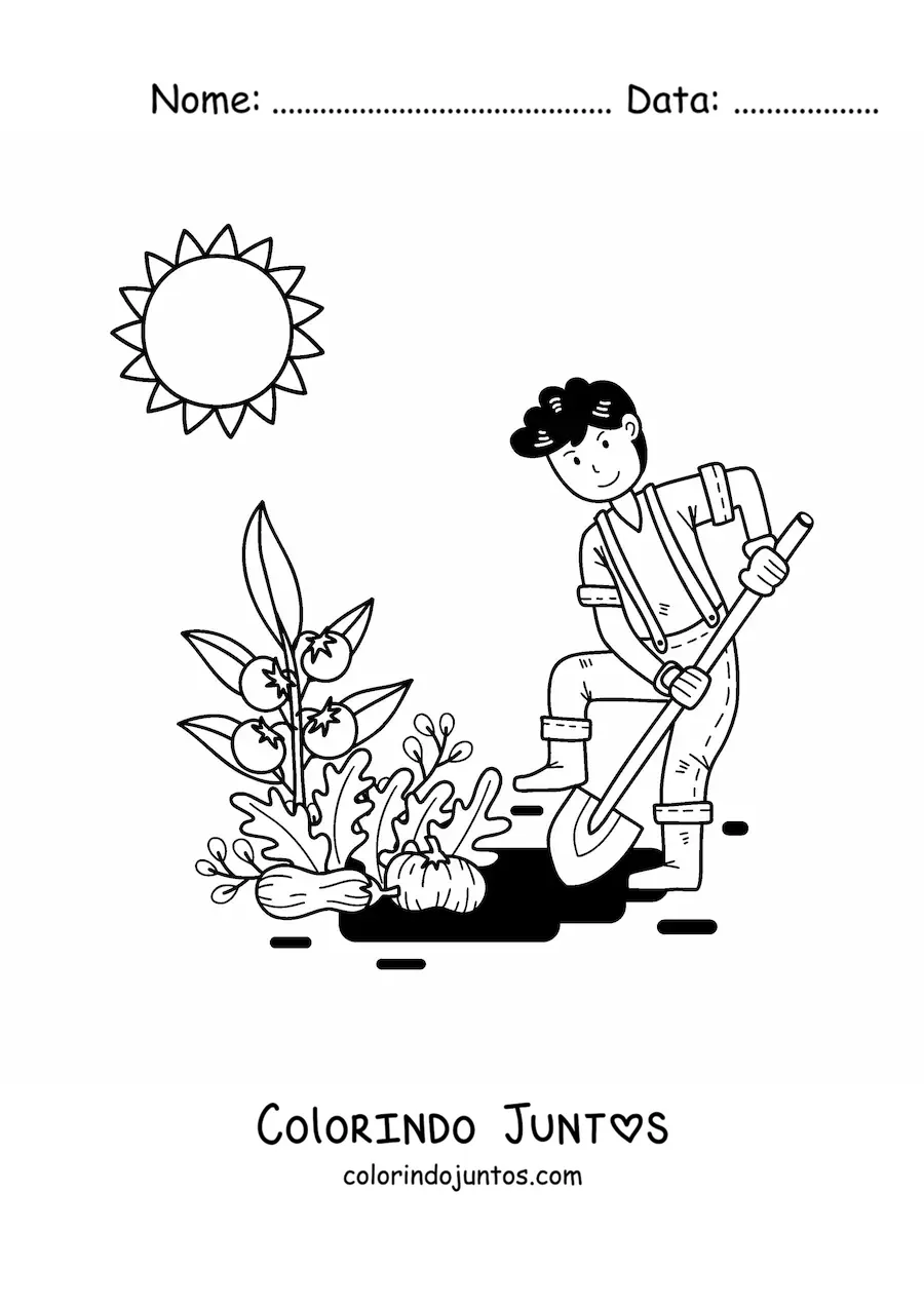 Desenho para colorir de menino fazendeiro kawaii plantando tomates sob o sol