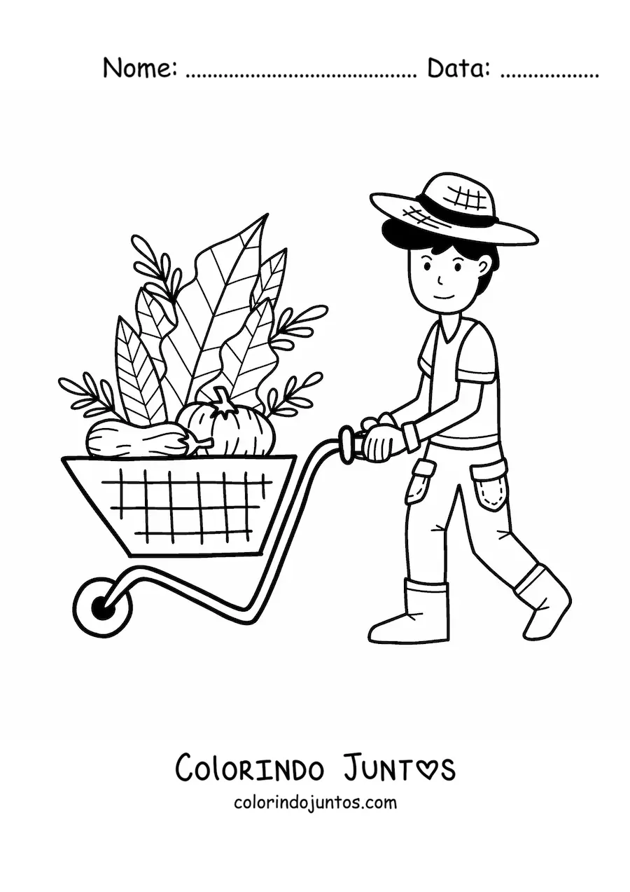 Desenho para colorir de menino fazendeiro kawaii puxando uma carroça com vegetais colhidos