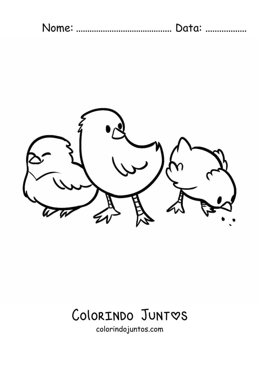 Desenho para colorir de 3 pintinhos kawaii comendo