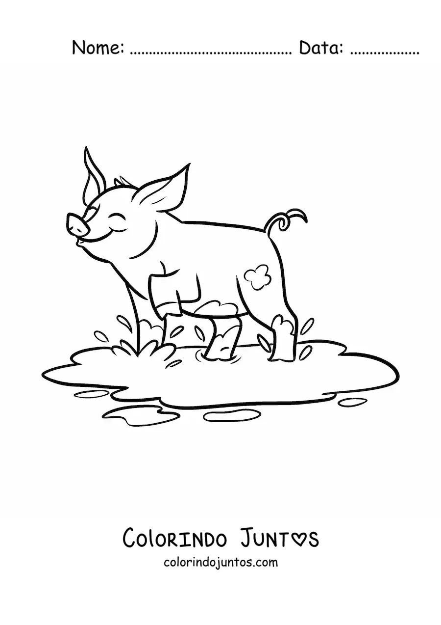 Desenho para colorir de porco kawaii brincando na lama