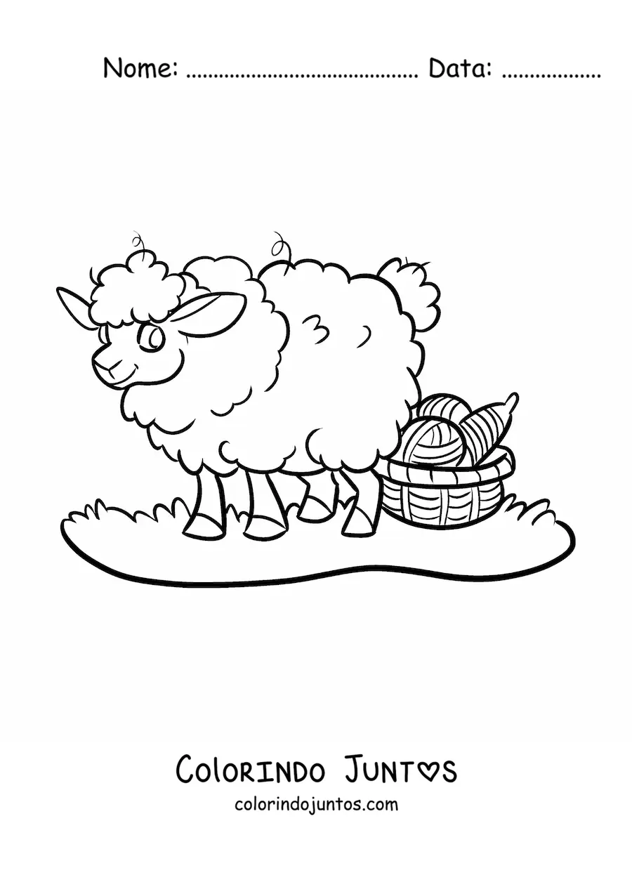 Desenho para colorir de ovelha kawaii ao lado de uma cesta com lã