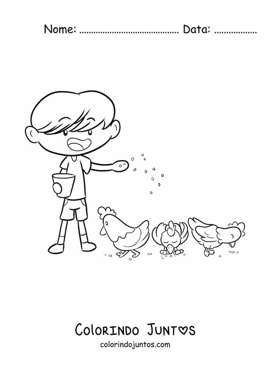 Desenho para colorir de menino fazendeiro kawaii alimentando os pintinhos