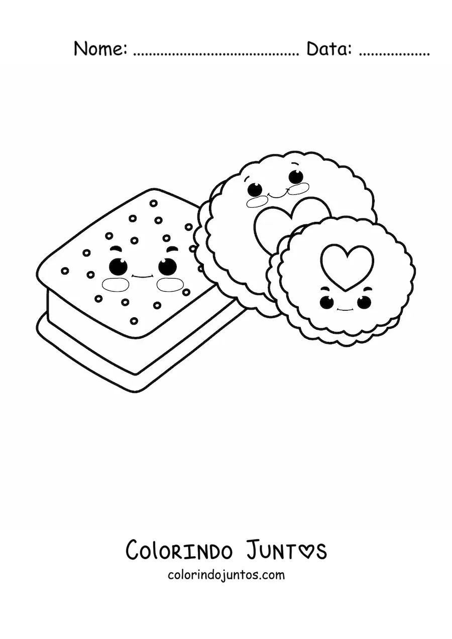 Desenho para colorir de um sanduíche de sorvete e dois biscoitos com corações no centro