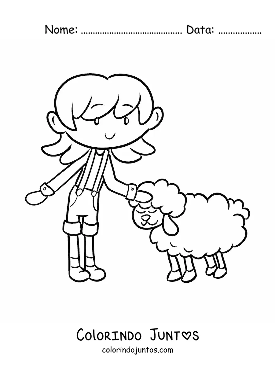 Desenho para colorir de menina fazendeira kawaii acariciando uma ovelha