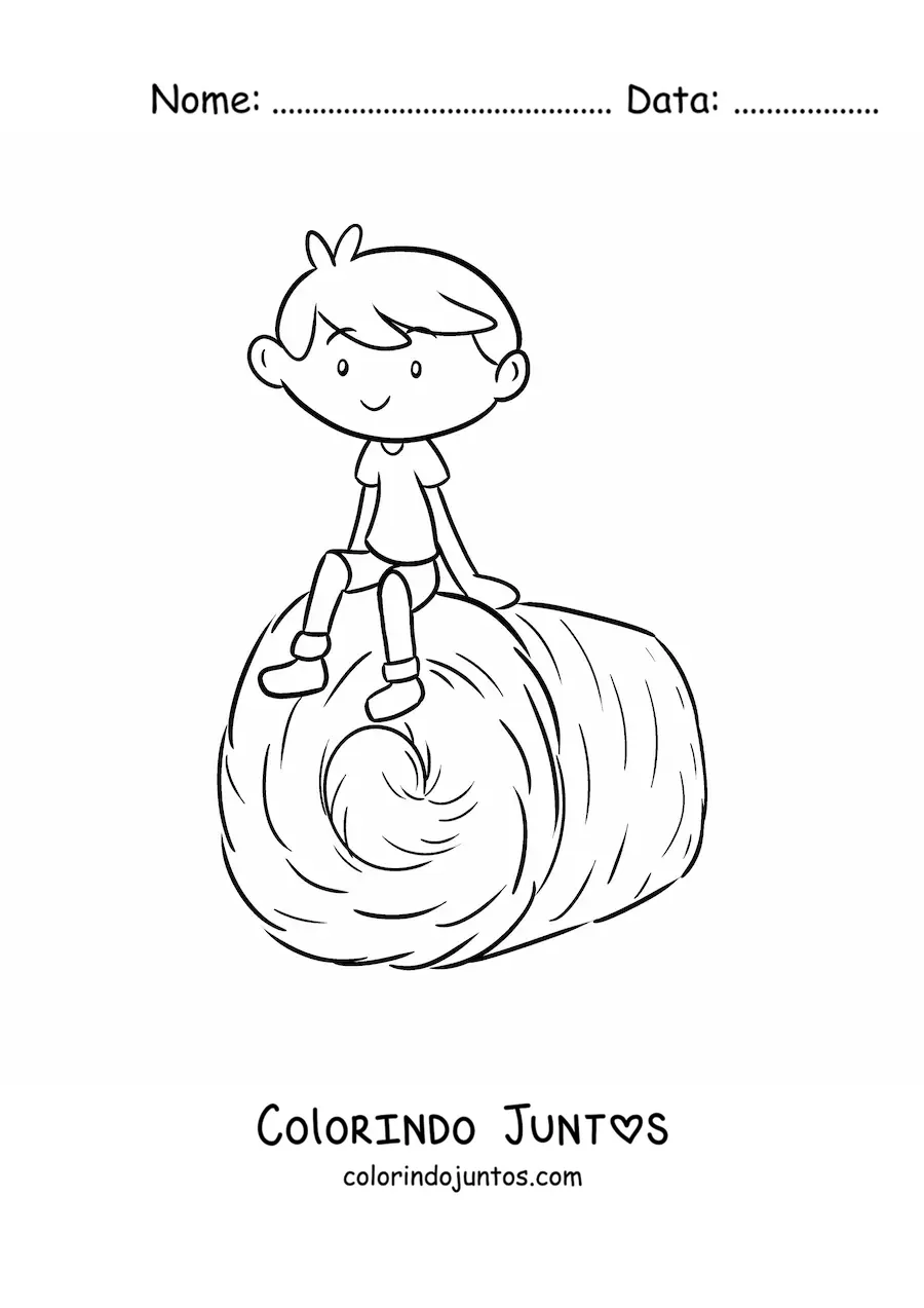 Desenho para colorir de menino fazendeiro kawaii sentado em uma pilha de feno