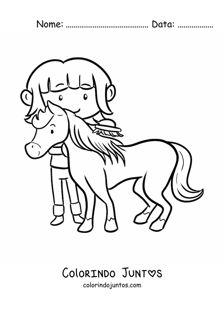Desenho para colorir de menina fazendeira kawaii penteando um pônei