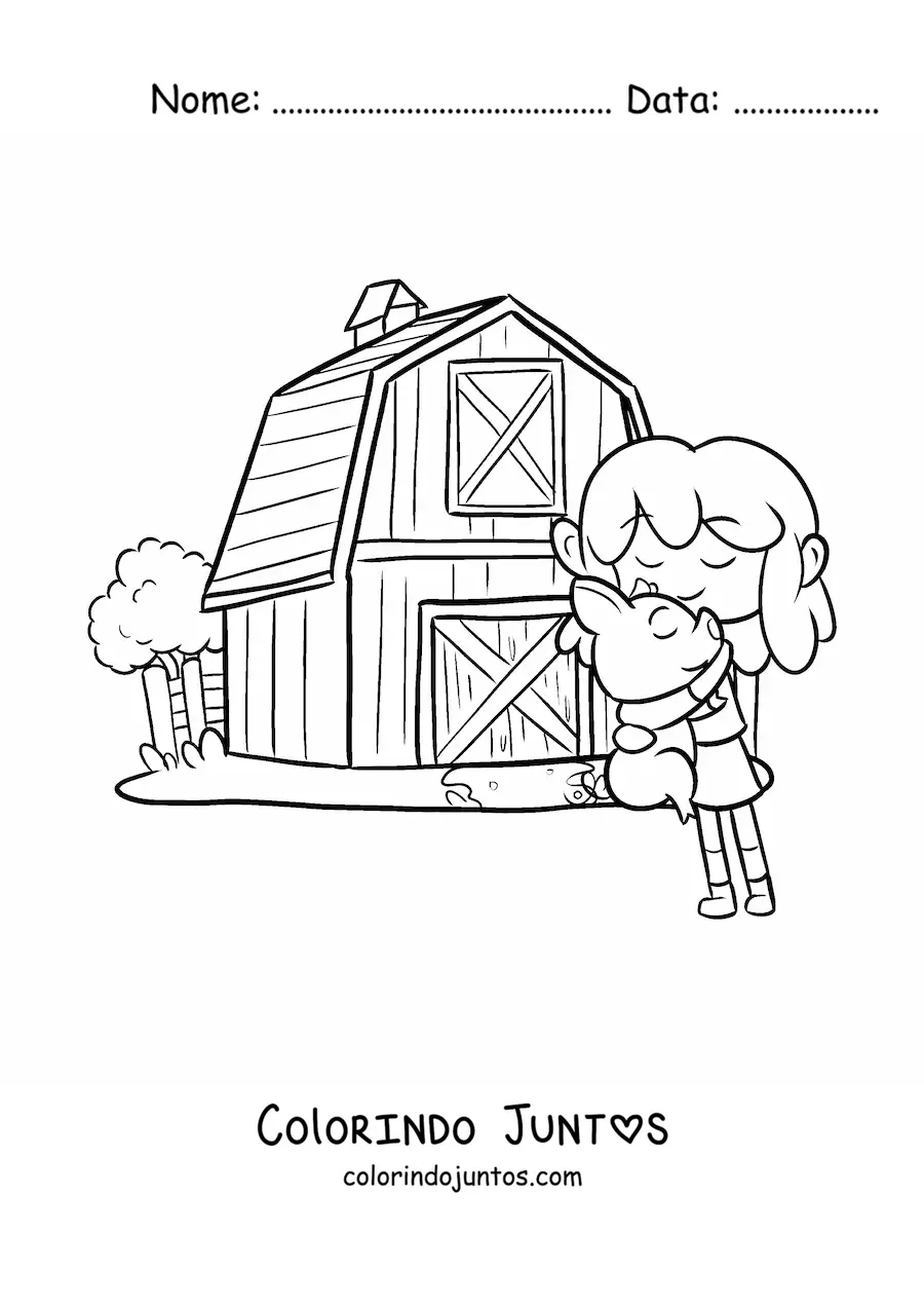 Desenho para colorir de menina fazendeira com coelho na fazenda kawaii