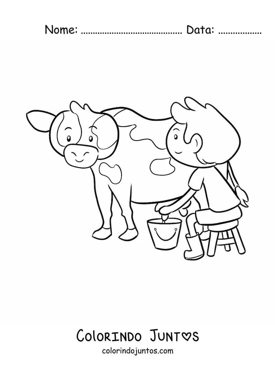 Desenho para colorir de menino fazendeiro kawaii ordenhando uma vaca