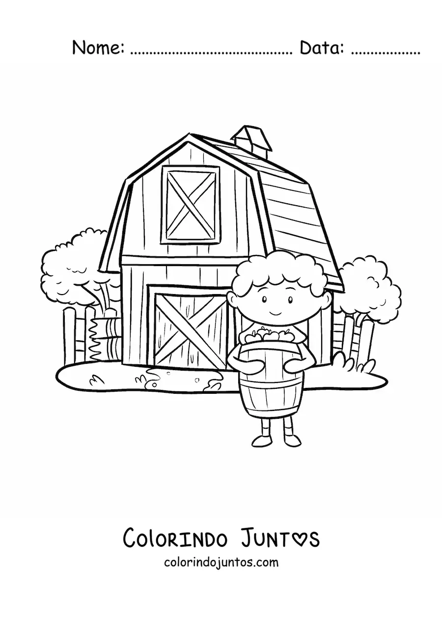 Desenho para colorir de menino fazendeiro kawaii com um barril na fazenda