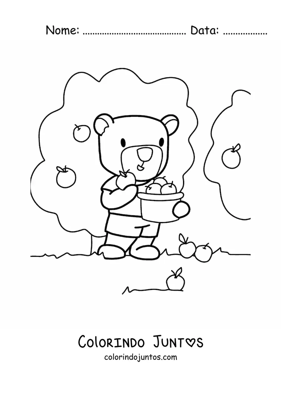 Desenho para colorir de urso kawaii animado colhendo maçãs das árvores em uma cesta