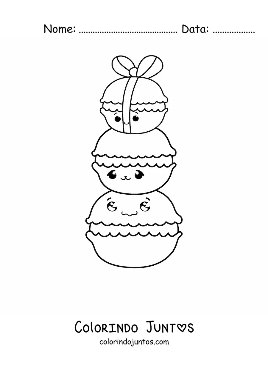 Desenho para colorir de três macarons kawaii, um em cima do outro com um laço