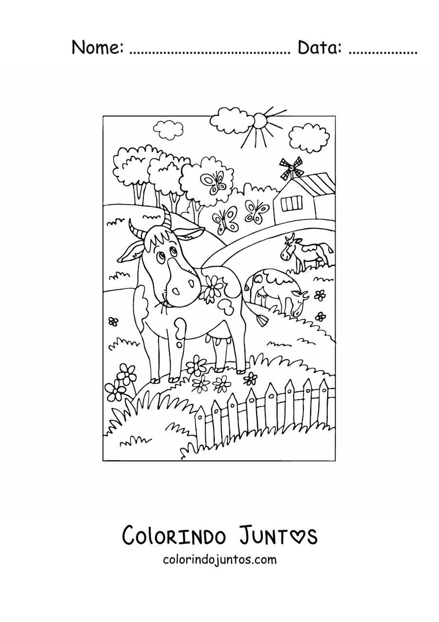 Desenho para colorir de vacas animadas pastando na fazenda