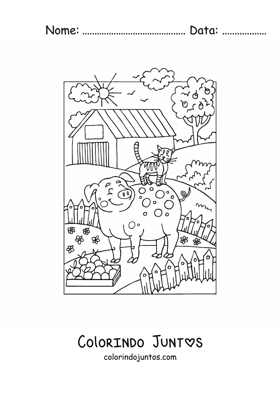 Desenho para colorir de porco animado e gato na fazenda