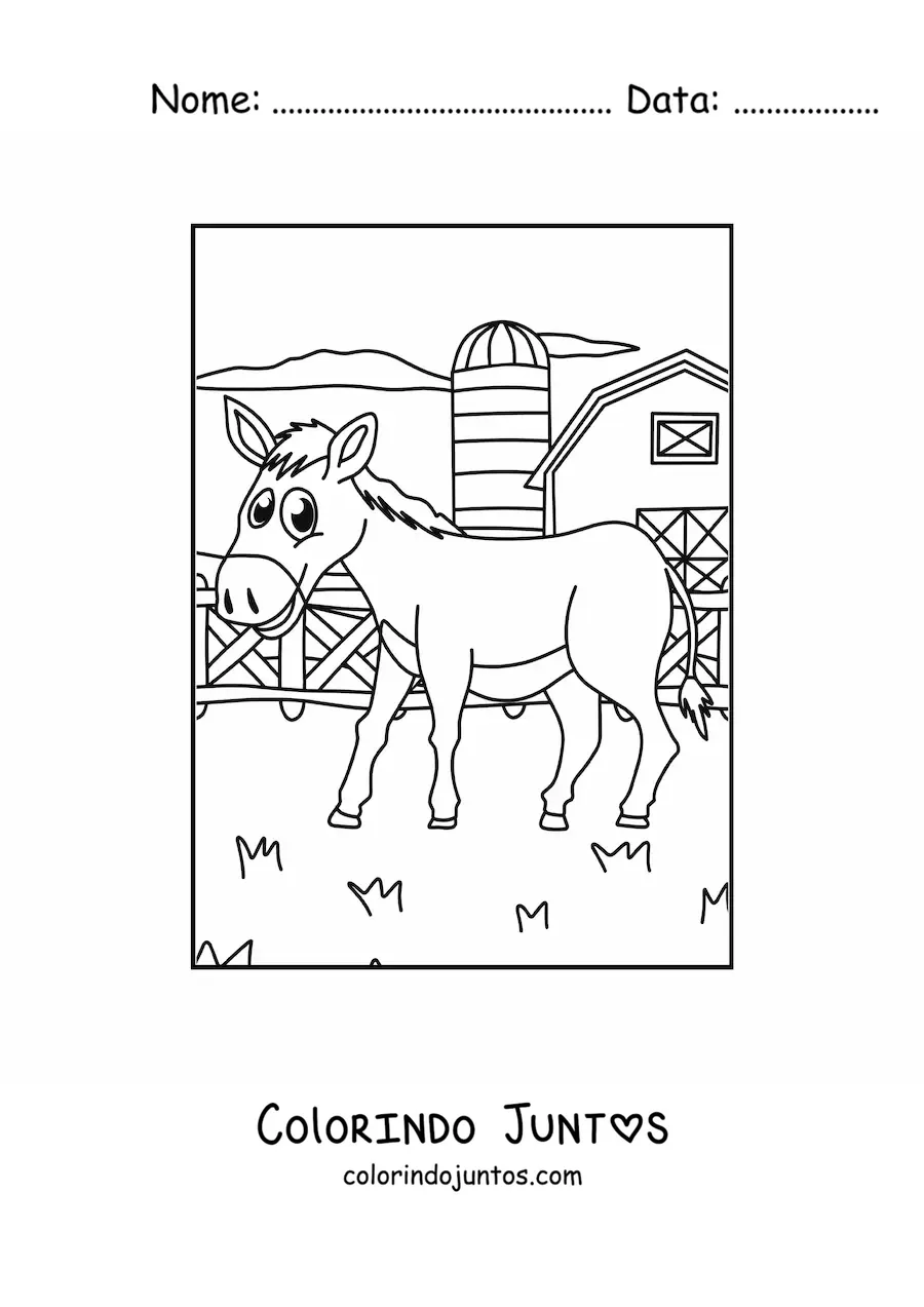Desenho para colorir de burro animado na fazenda