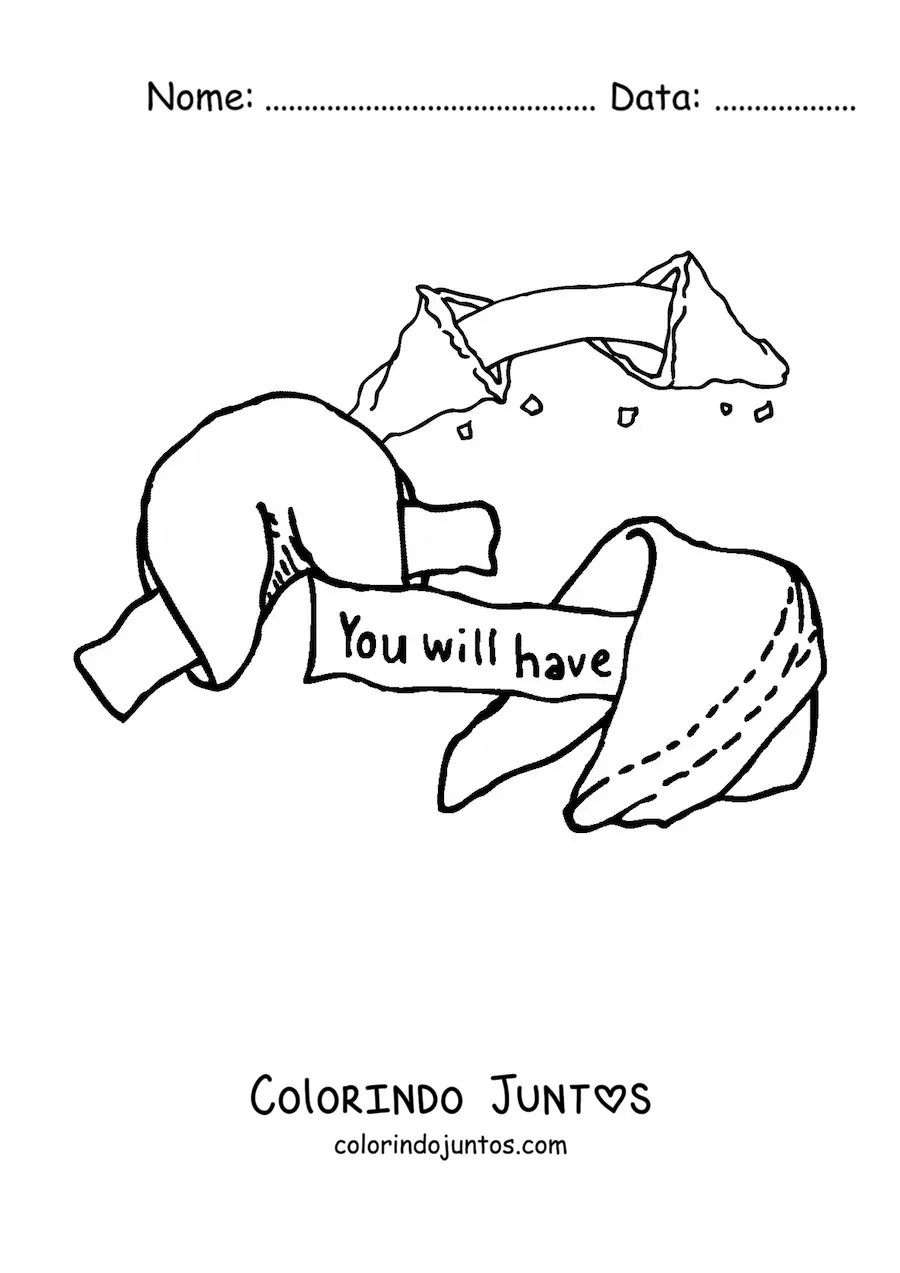 Desenho para colorir de três biscoitos da sorte abertos