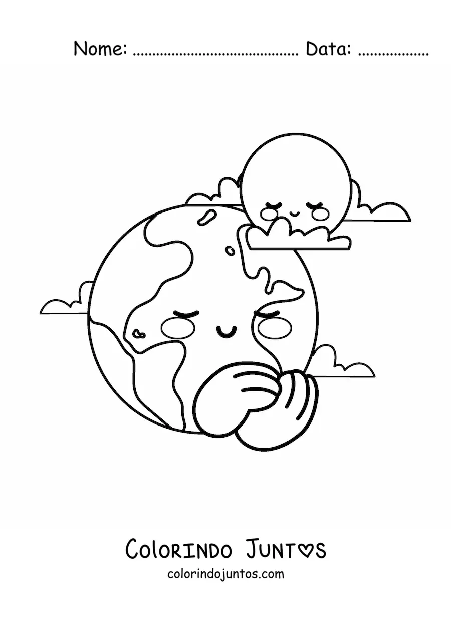 Desenho para colorir de planeta Terra kawaii animado com a Lua