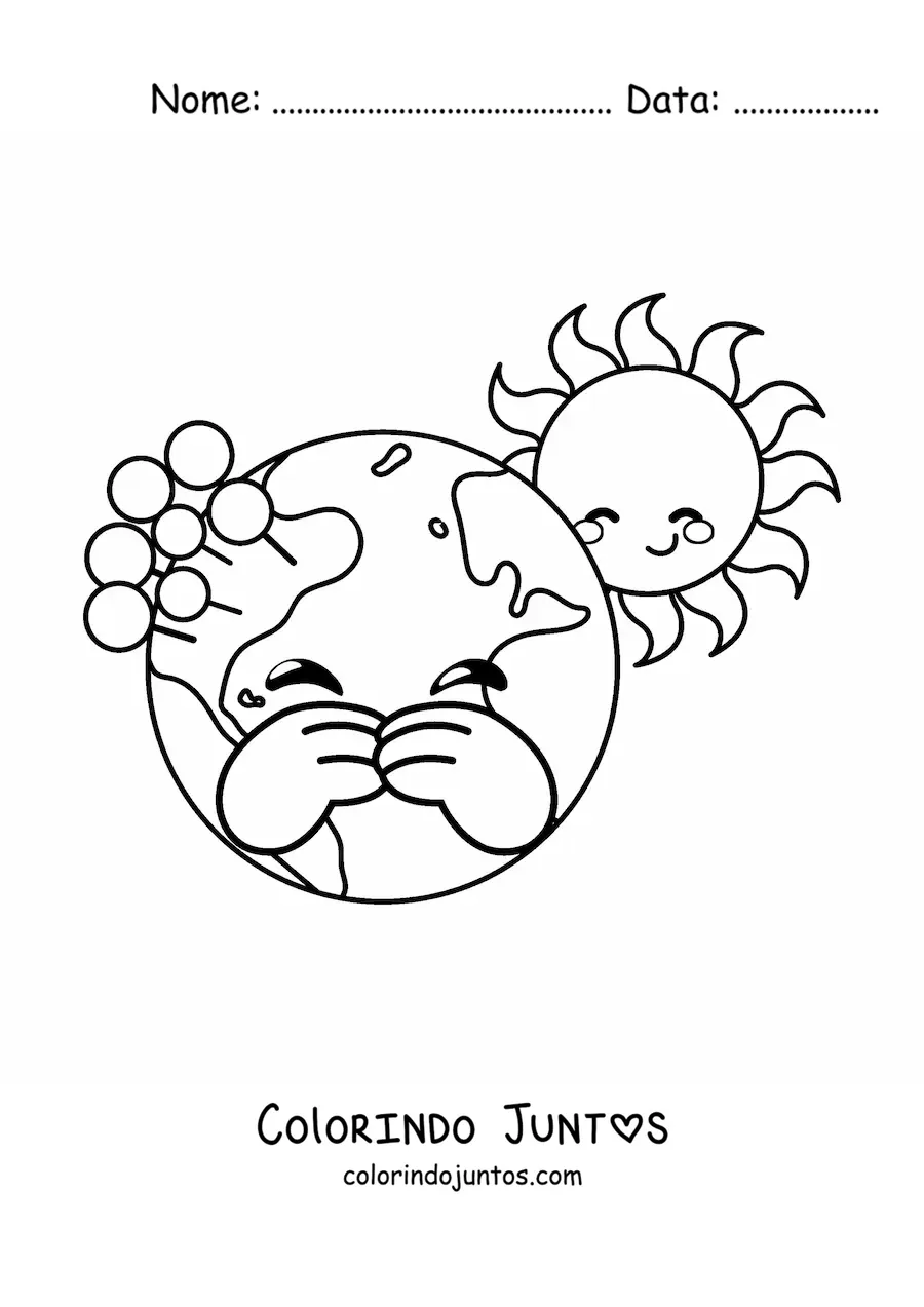 Desenho para colorir de planeta Terra kawaii animado com o Sol
