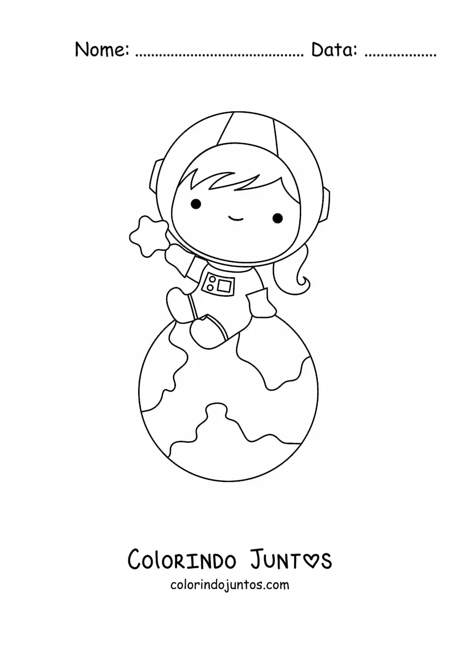 Desenho para colorir de menina astronauta kawaii sentada no planeta Terra