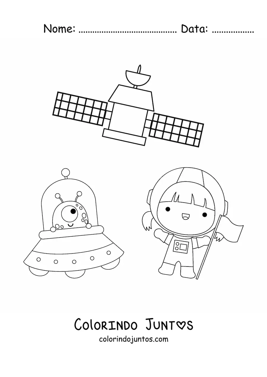 Desenho para colorir de menina astronauta kawaii com extraterrestre e satélite