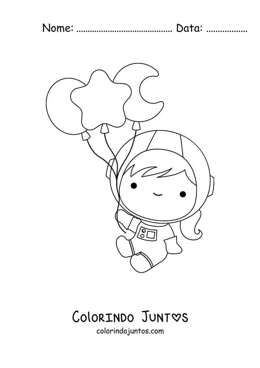 Desenho para colorir de menina astronauta kawaii flutuando com balões de estrelas