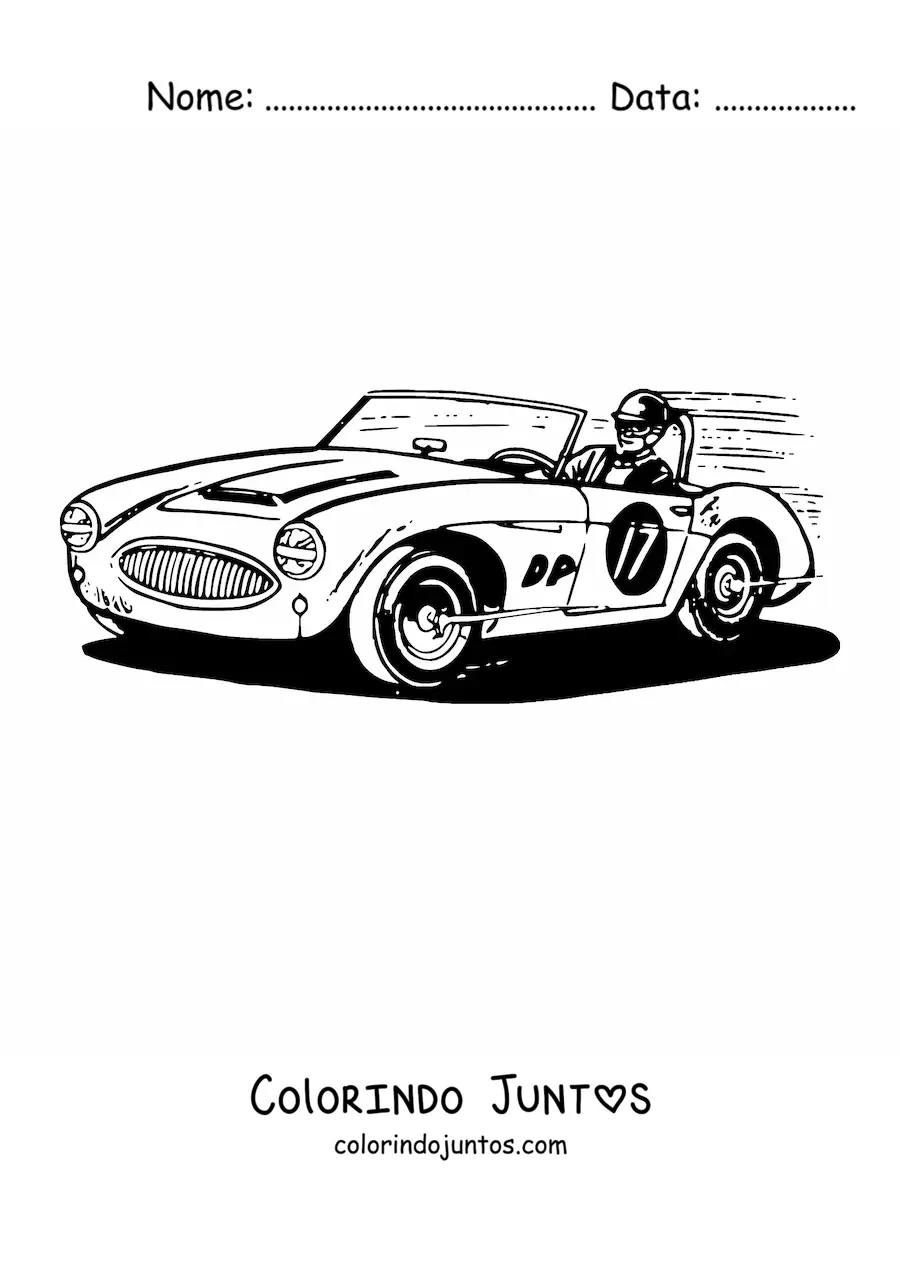 Desenho para colorir de um carro de corrida que diz '17' com piloto em alta velocidade