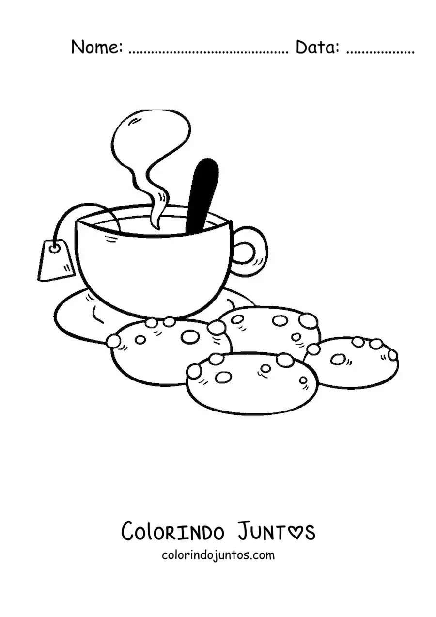 Desenho para colorir de uma xícara de chá fumegante com biscoitos