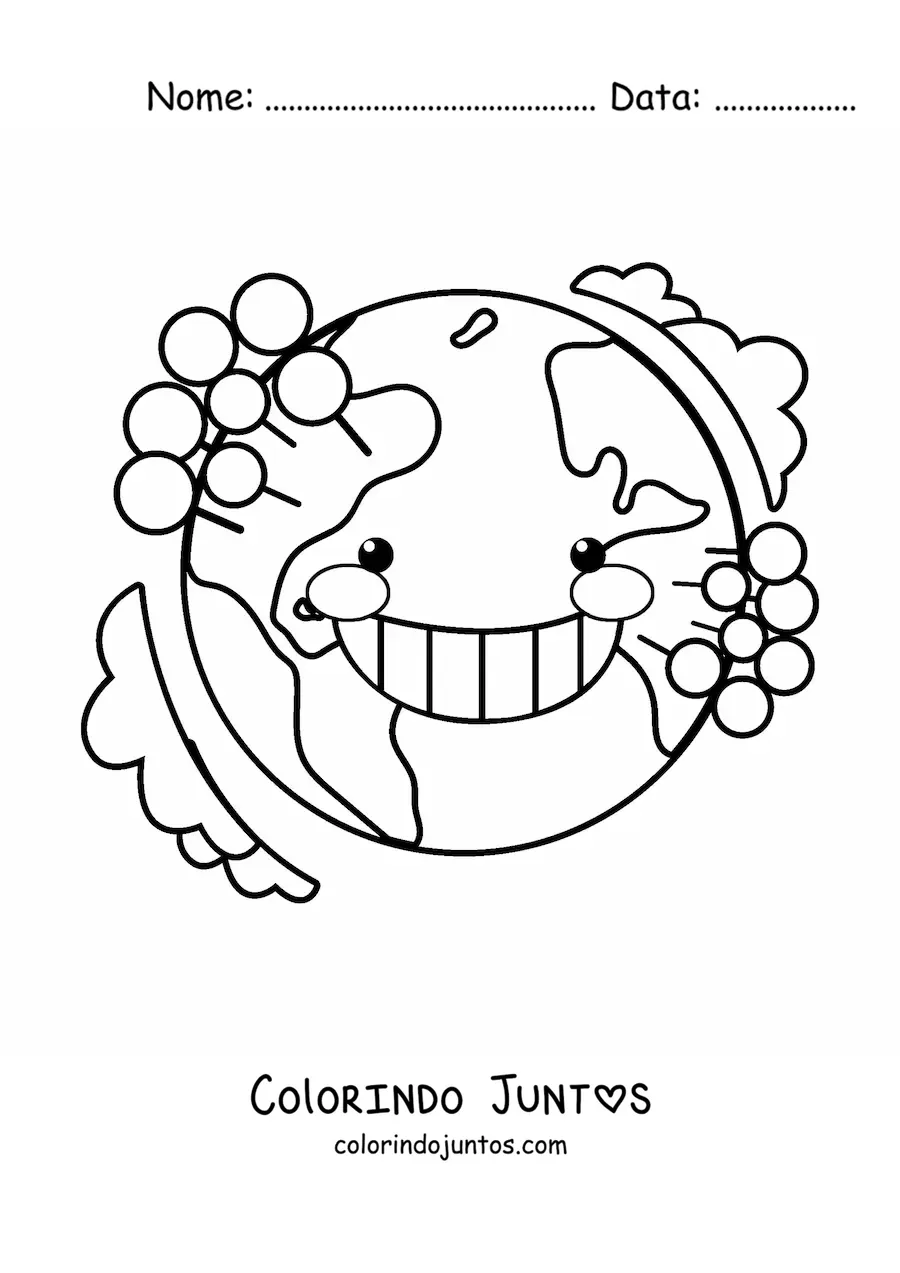 Desenho para colorir de planeta Terra kawaii animado com árvores e a atmosfera