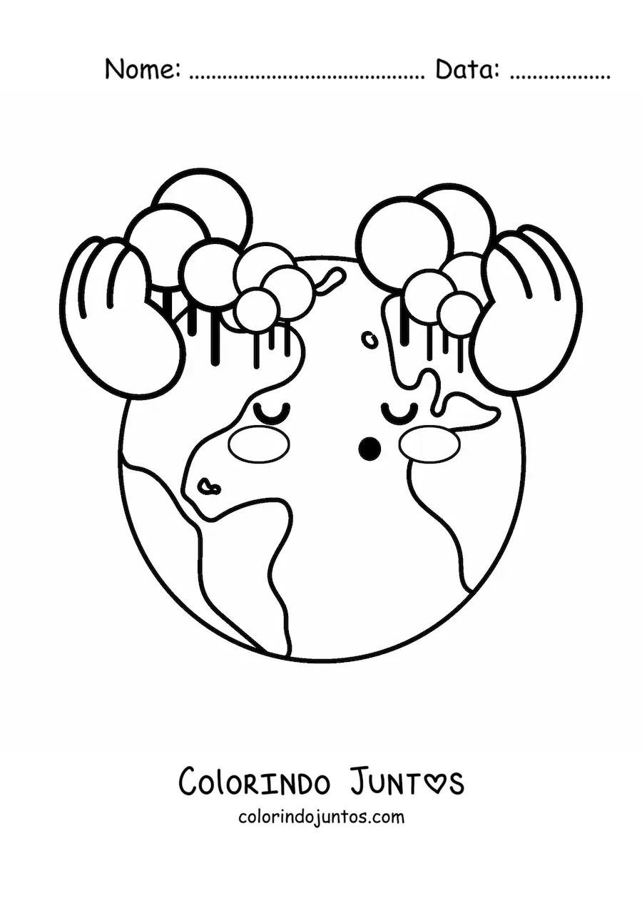 Desenho para colorir de árvores do planeta Terra kawaii gerando oxigênio