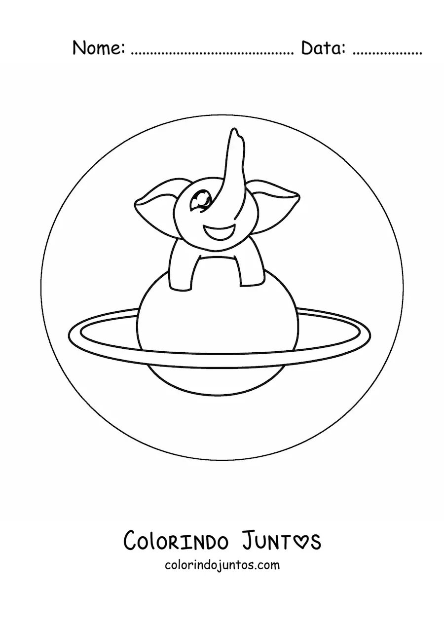 Desenho para colorir de elefante kawaii sobre um planeta