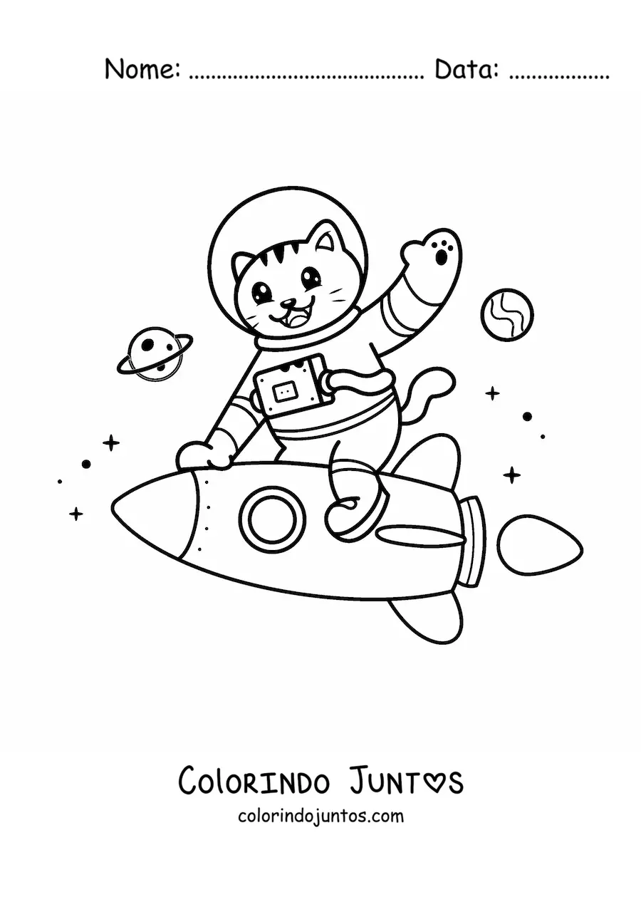 Desenho para colorir de gato astronauta animado kawaii em um foguete no espaço