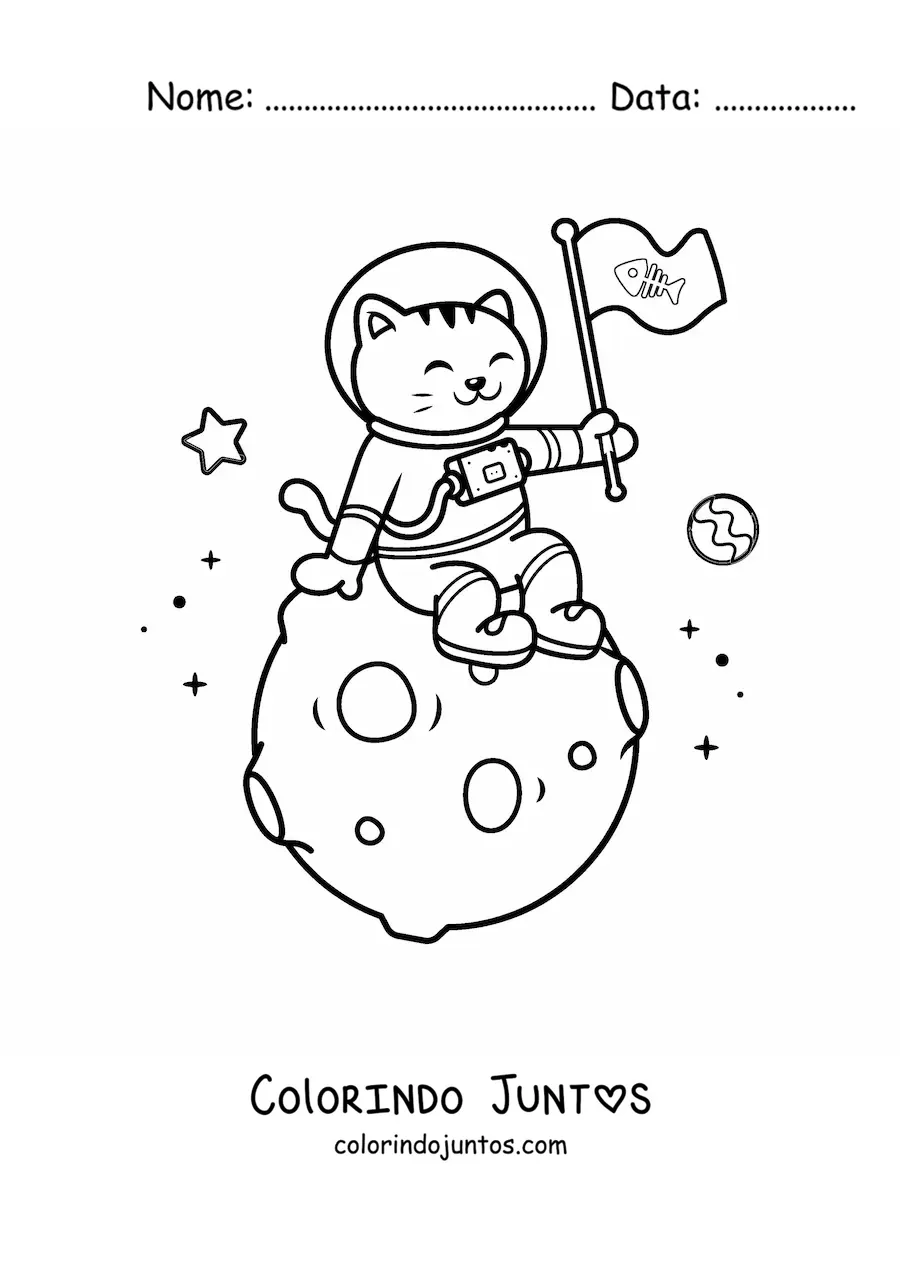 Desenho para colorir de gato astronauta animado kawaii na Lua