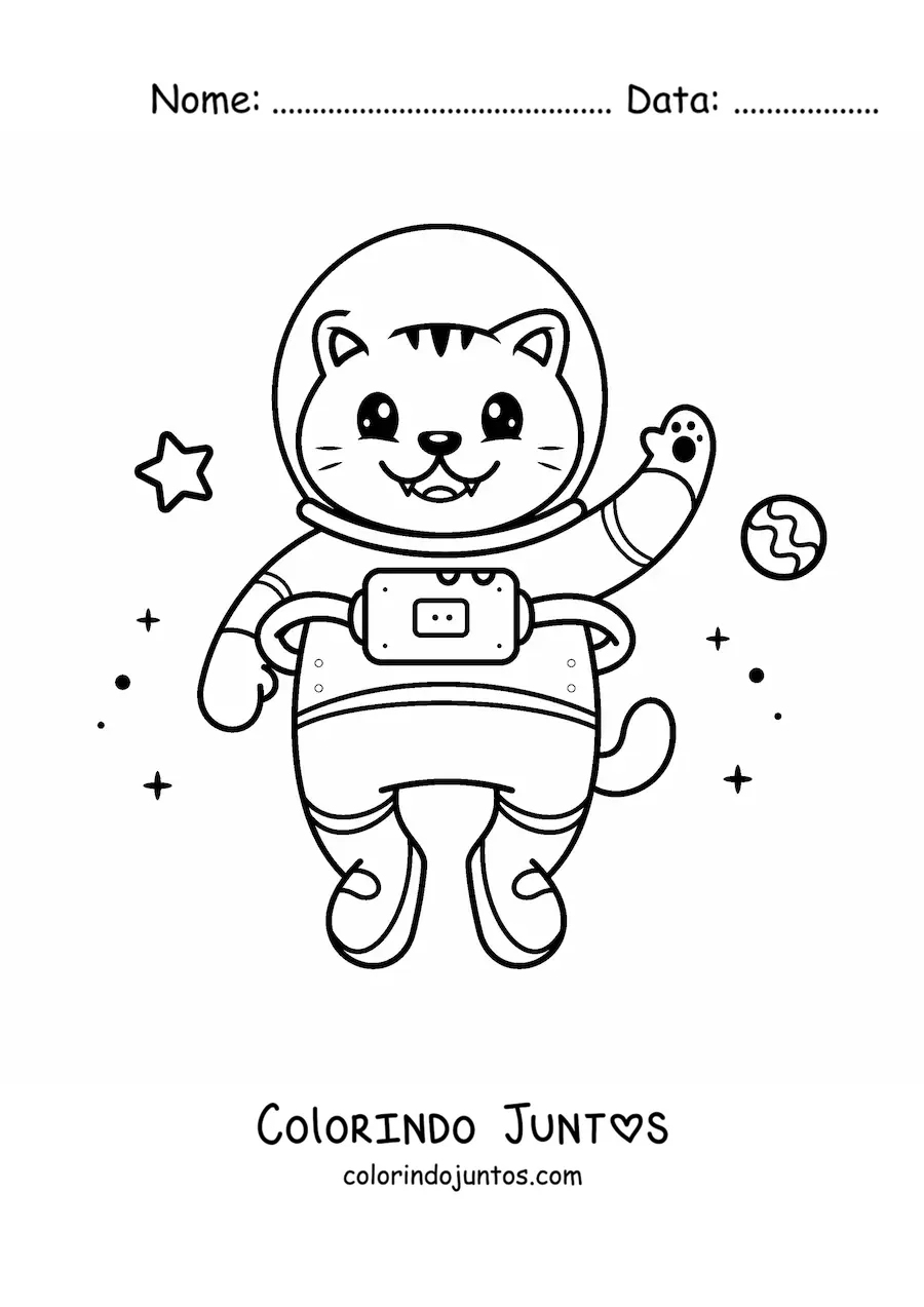 Desenho para colorir de gato astronauta animado kawaii no espaço