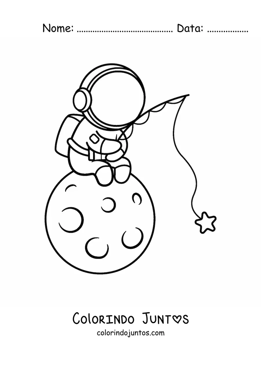 Desenho para colorir de astronauta kawaii sentado na Lua pescando estrelas