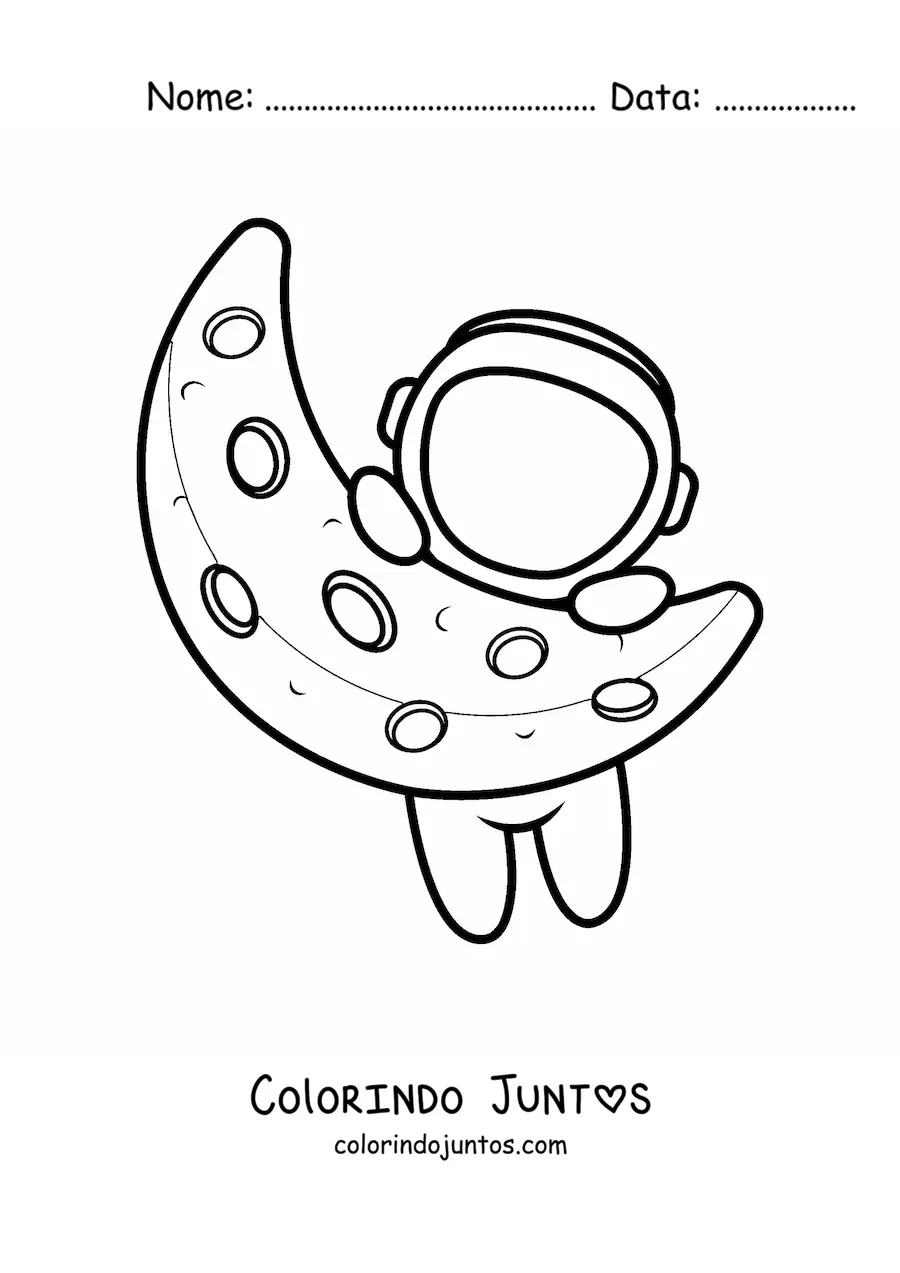 Desenho para colorir de astronauta kawaii pendurado na Lua