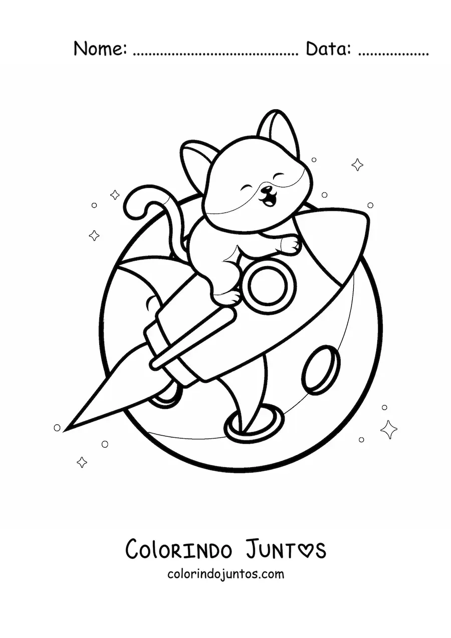 Desenho para colorir de gato animado kawaii em um foguete no espaço