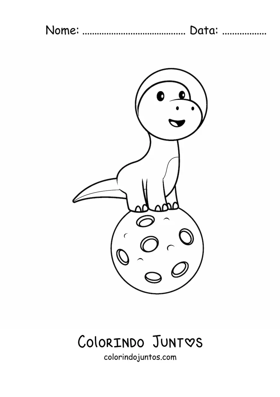 Desenho para colorir de dinossauro animado kawaii na Lua