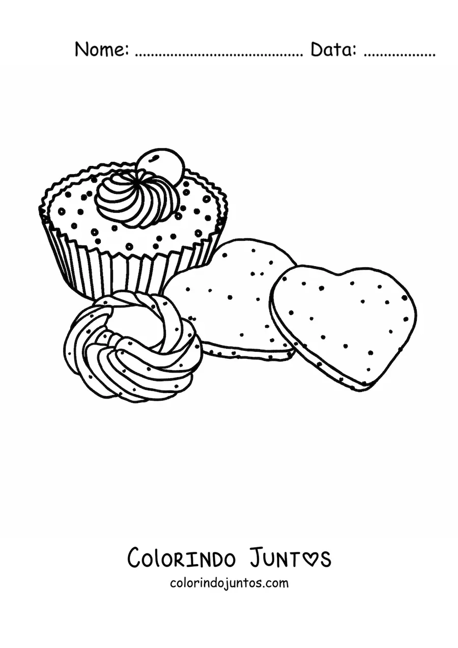 Desenho para colorir de dois biscoitos em formato de coração e um cupcake