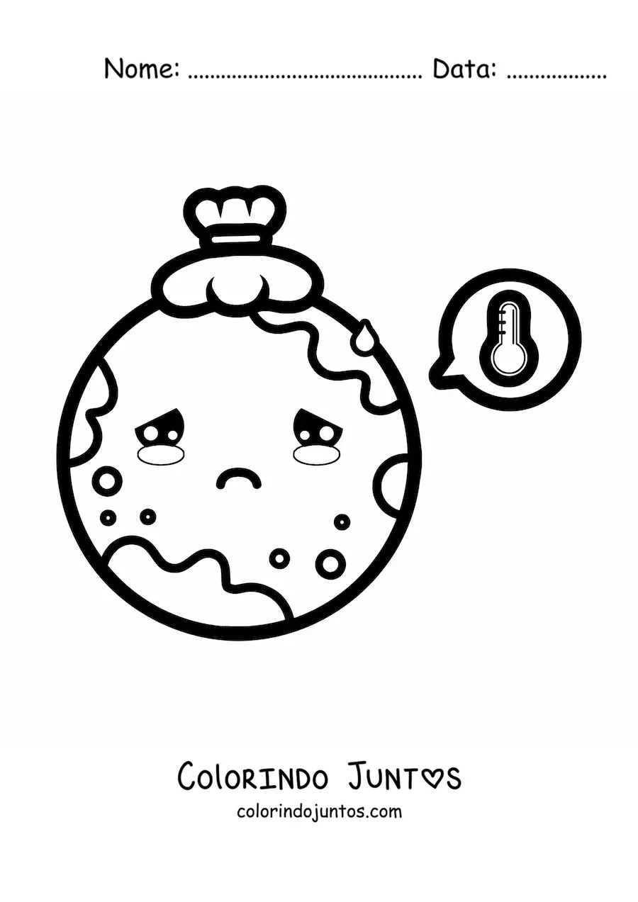 Desenho para colorir de planeta Terra doente kawaii