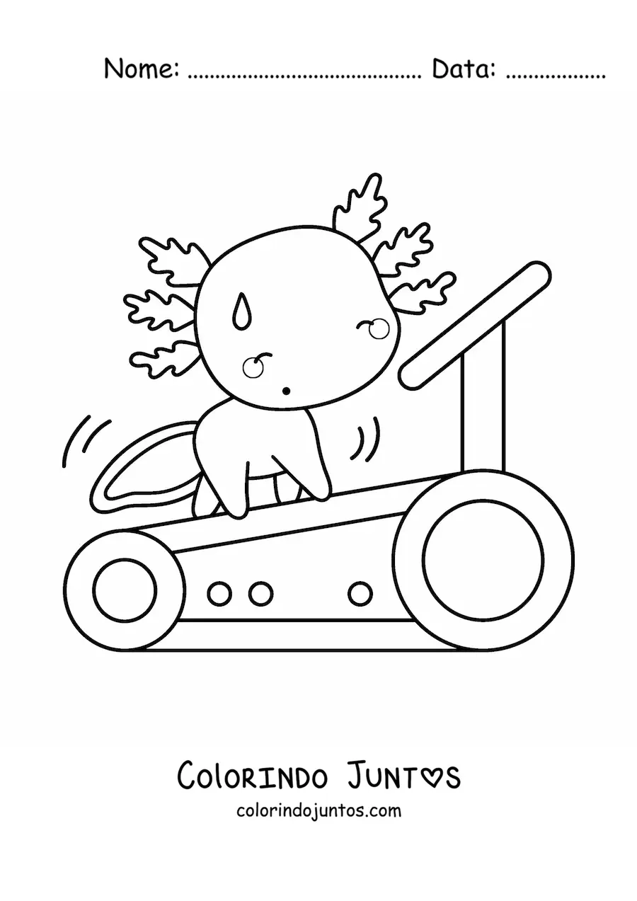 Desenho para colorir de axolote kawaii animado se exercitando em uma esteira