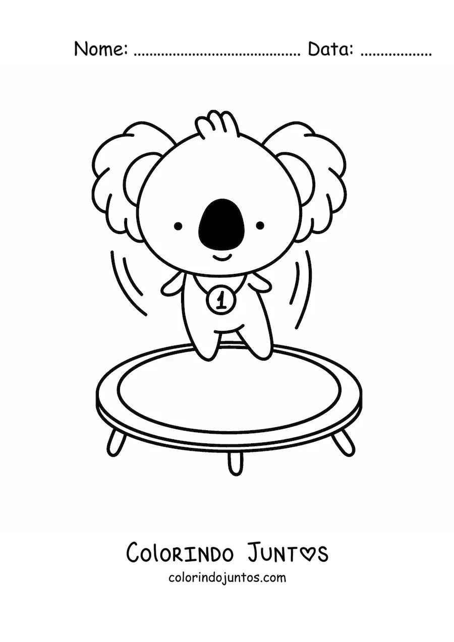 Desenho para colorir de coala kawaii animado pulando em um trampolim