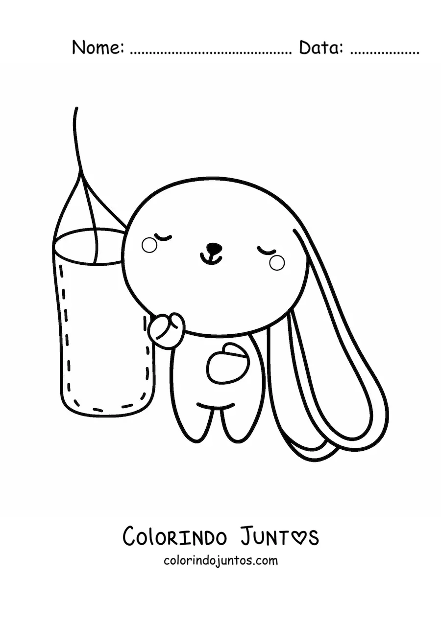 Desenho para colorir de coelho kawaii animado golpeando um saco de boxe