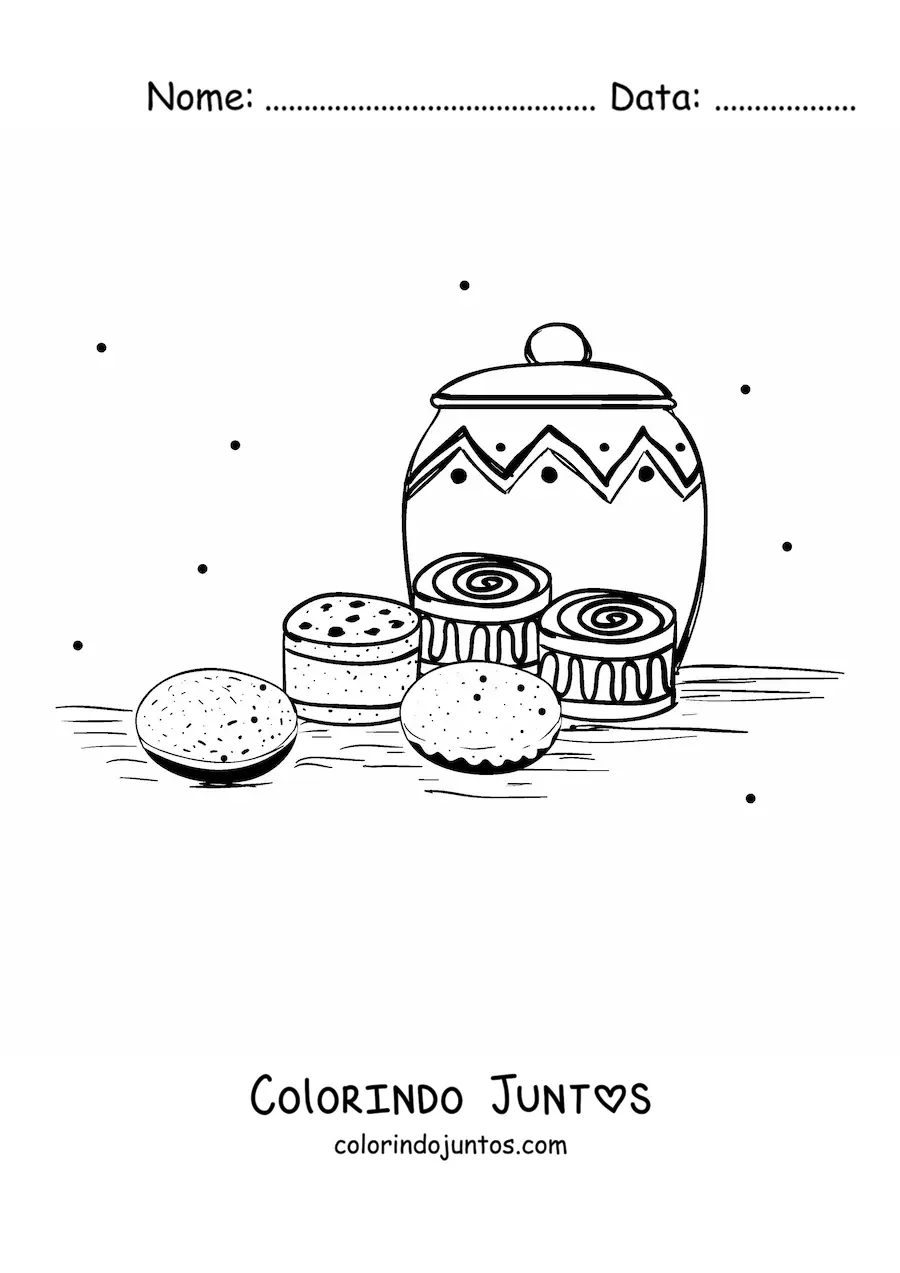 Desenho para colorir de biscoitos e doces em uma mesa com um pote decorado ao fundo