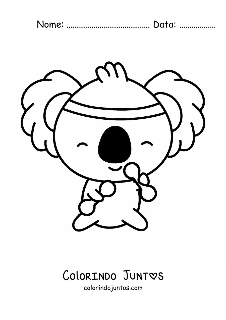 Desenho para colorir de coala kawaii animado se exercitando com pesos