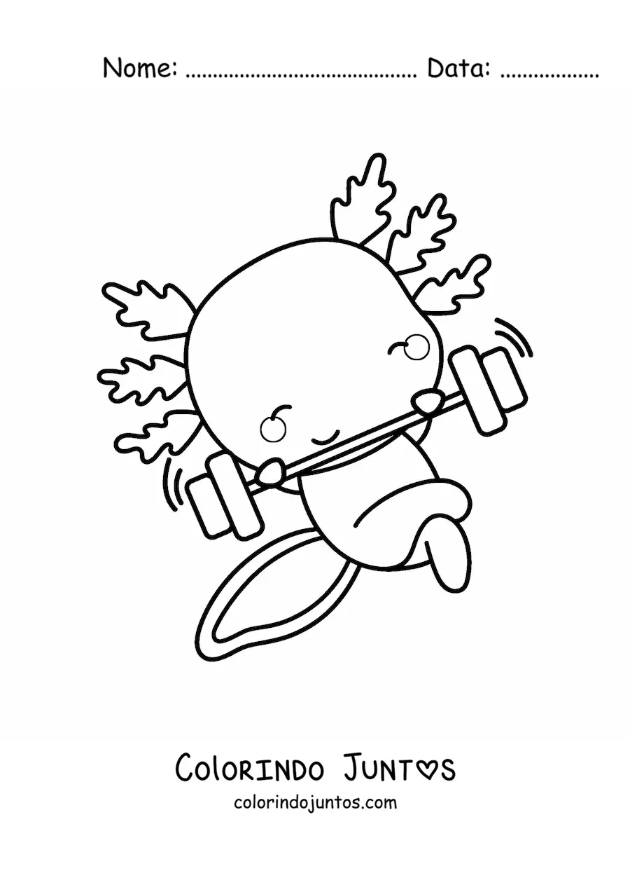 Desenho para colorir de axolote kawaii animado se exercitando com um haltere