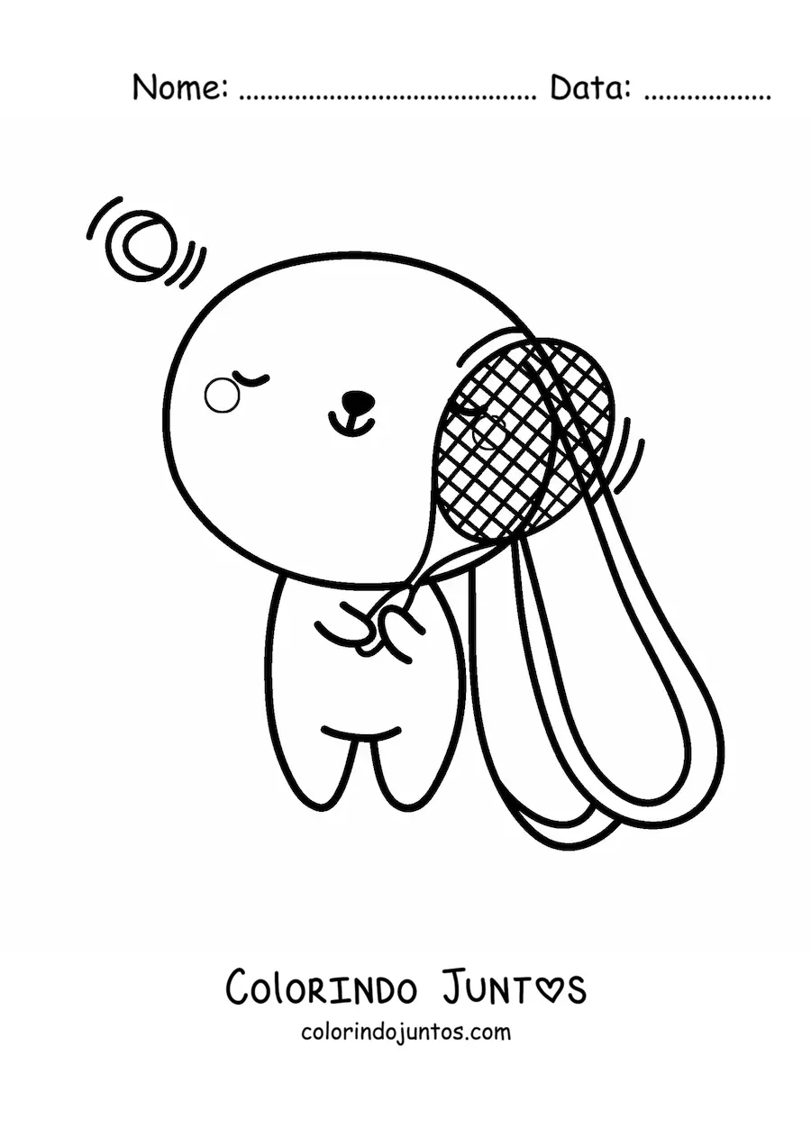 Desenho para colorir de coelho kawaii animado jogando tênis